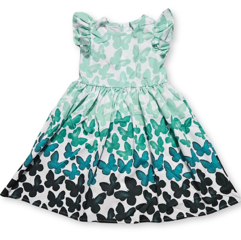 Little Bitty - Blue-Green Ombre Butterfly Print Girls' Dress